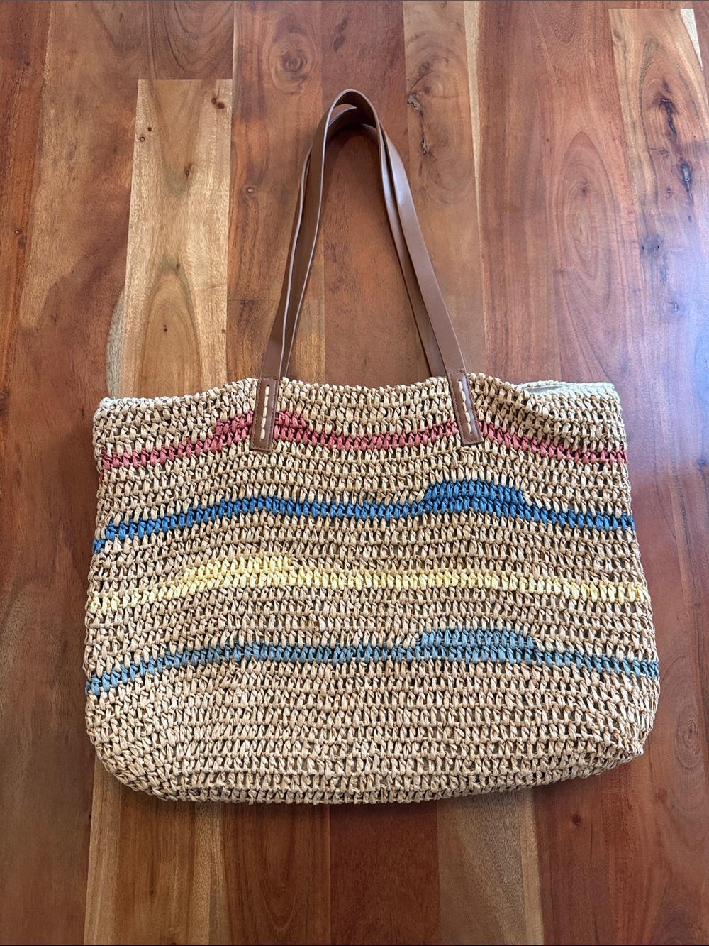 Woven Straw Tote with Multicolor Stripe Accents - Brown Handles